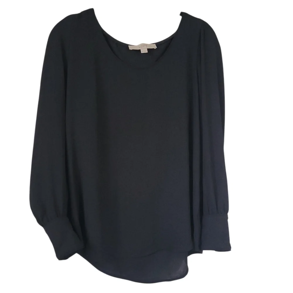 LOFT Small Petite Black Semi Sheer Blouse Puff Sleeve Button Cuff Classic Top